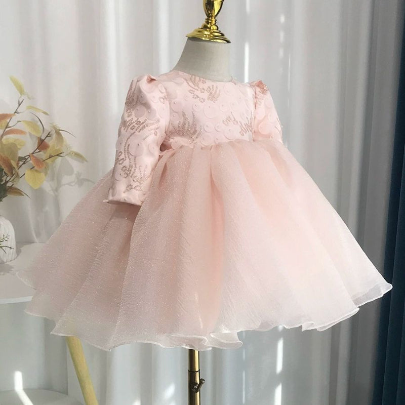 Elegant Baby Pale Pink Patterned Mesh Bow Mesh Pleated Dress ToddlerFormal Dresses