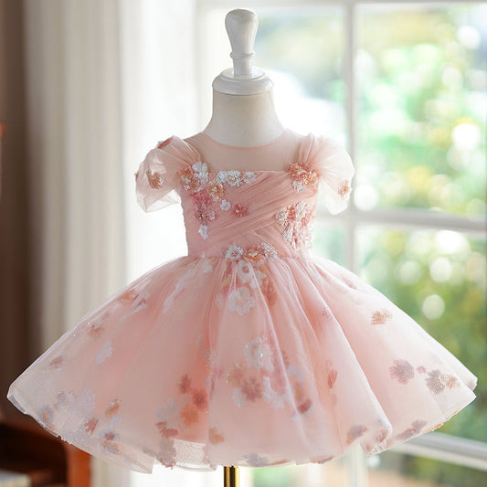 Elegant Baby Girls Pink Sequined Puff Princess Dress Toddler Flower Girl Dress