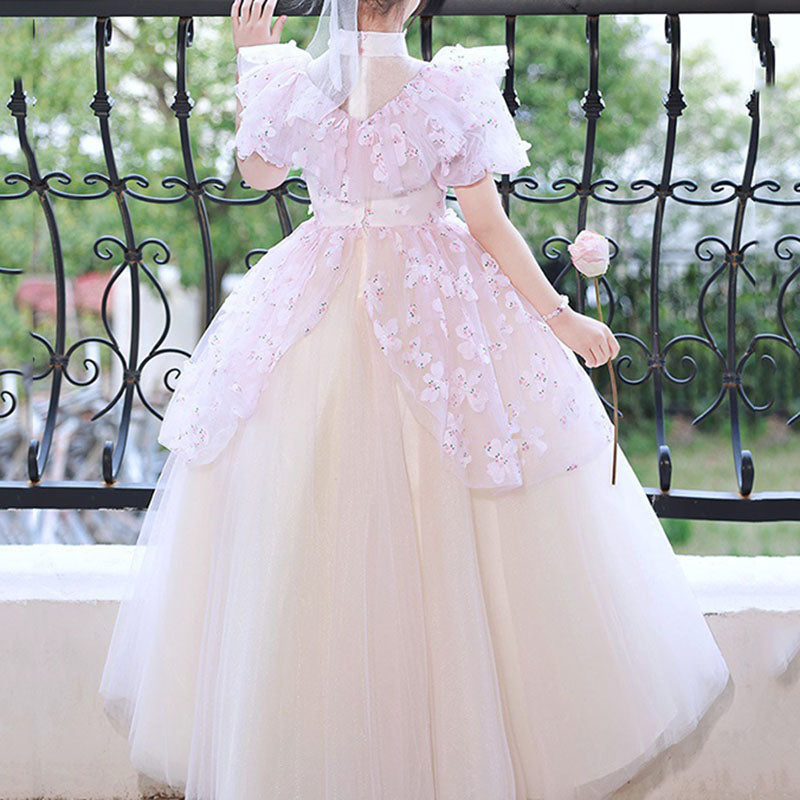 Flower Girl Dress Children Concealed Zip Stand Collar Flower Puffy Princess Dress