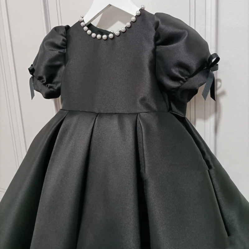 Elegant Baby Girls Black Puff Sleeve Dress Toddler Formal Dress