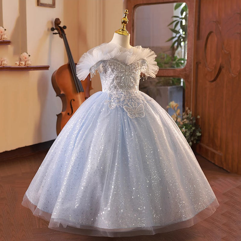 Elegant Baby Girls One Shoulder Sequin Blue and White Princess Dress Toddler Girls Formal Dresses