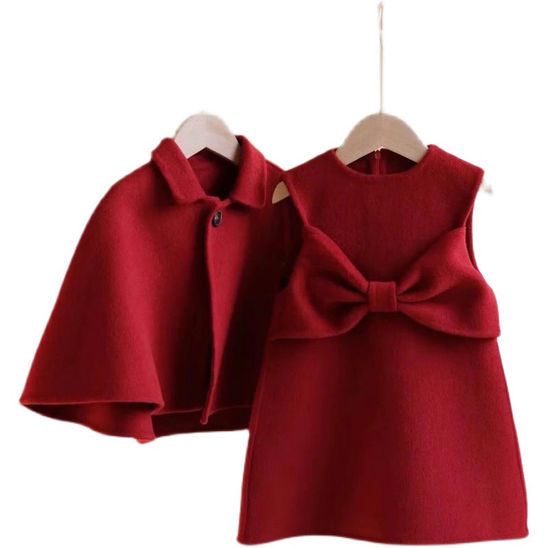 Girls Christmas Bow Jacket And Skirt Two-piece Set