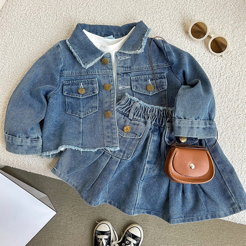 Retro Blue Long-sleeved Girls' Denim Jacket Pleated Skirt Suit Two-piece Set