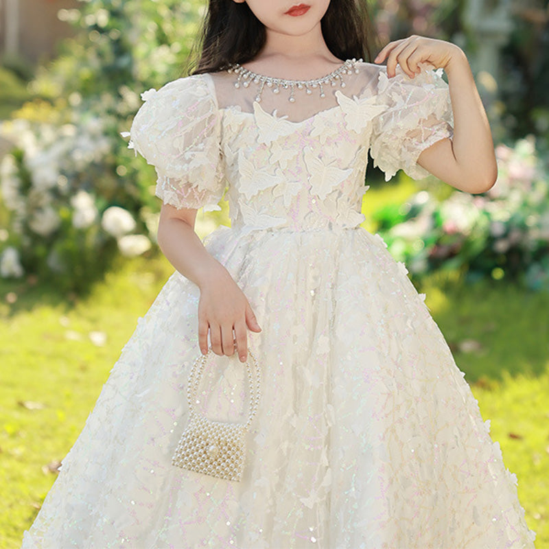 Flower Girl Dress Girl Summer White Puff Sleeve Butterfly Sequins Birthday Party Dress