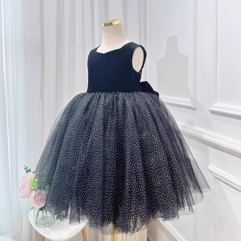 Elegant Baby Girl Black Sleeveless Backless Sequined Puff Dress Toddler Prom Dress