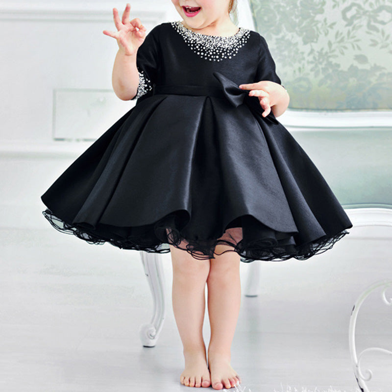 Elegant Baby Girls Black Bow Puff First Birthday Princess Dress Toddler Prom Dress