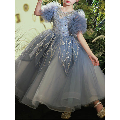 Flower Girl Dress Toddler Ball Gowns Summer Birthday Party Dress Gray Puffy Sequins Pageant Dress