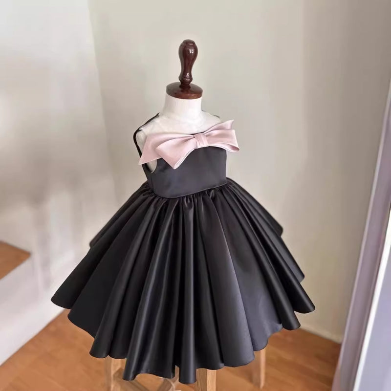 Elegant Baby Girl Black Satin Bow Dress Toddler Ball Gowns