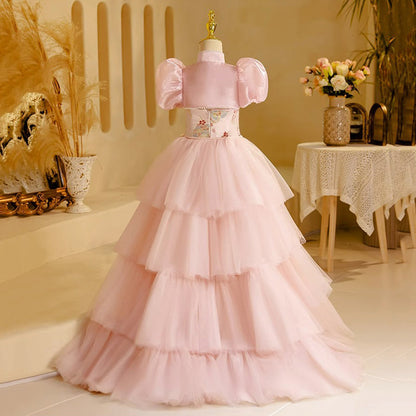 Elegant Baby Girls Pink Floral Train Ball Gowns Little Girl Dresses