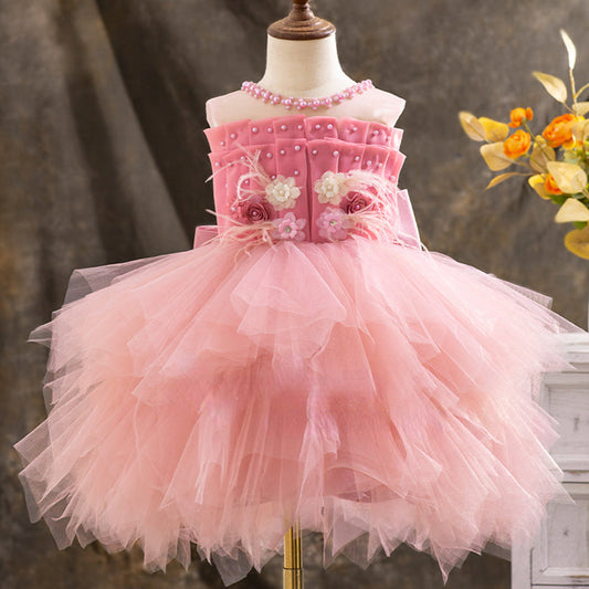 Elegant Baby Floral Beaded Mesh Puff Princess Dress Toddler Ball Gowns