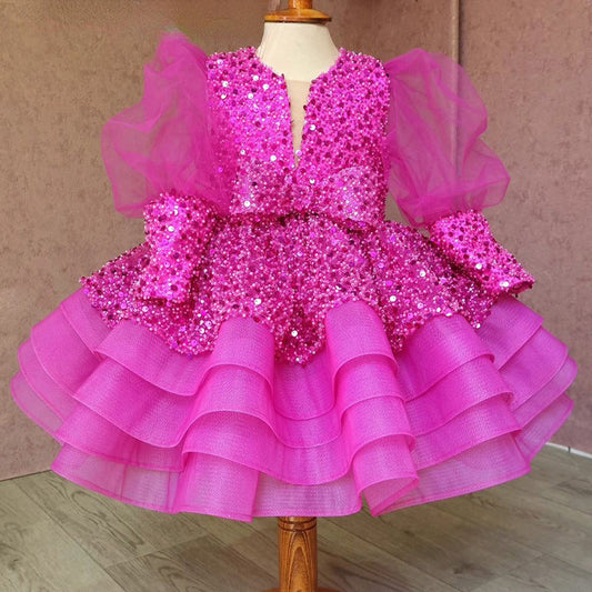 Elegant Baby Girl Sequined Mesh Puff Sleeve Puff Dress Girl Toddler First Communion Princess Dress