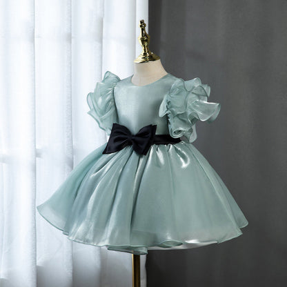 Elegant Baby Girls Turquoise Bow Fly Sleeve Puff Dress Toddler Birthday Costume Princess Dress