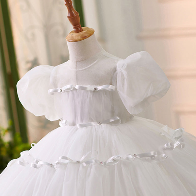 Elegant Baby White Puff Sleeve Flower Girl Dress Toddler Christening Dress