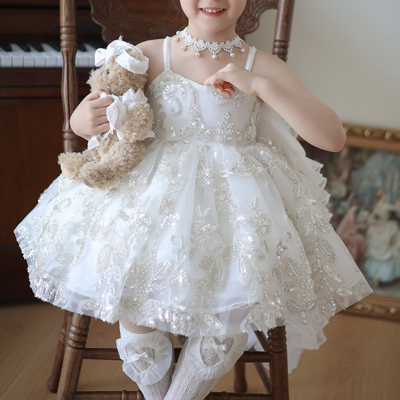 Elegant  Flower Girl White Dress Toddler Birthday Pageant Princess Dress