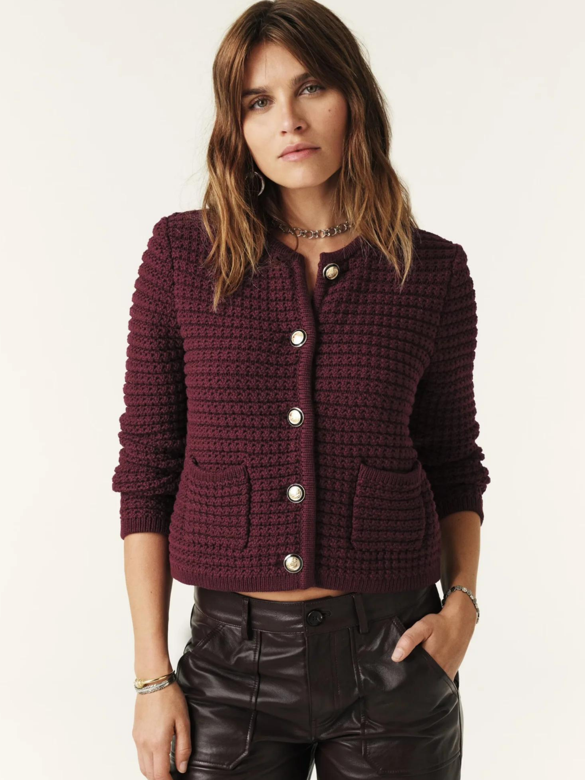 DAH Burgundy Knitted Long-Sleeved Cardigan