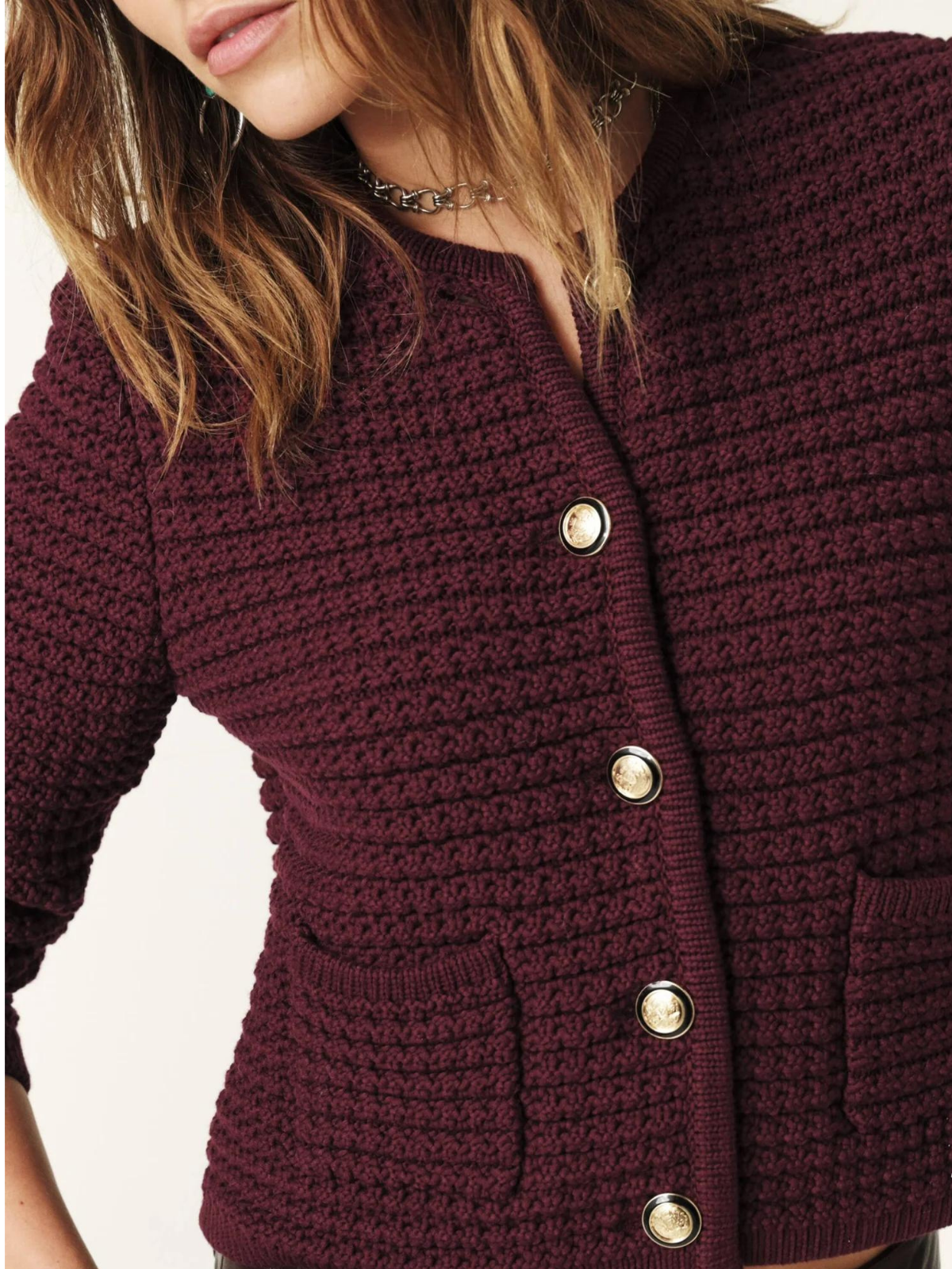 DAH Burgundy Knitted Long-Sleeved Cardigan