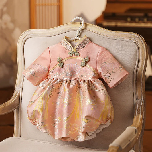 Elegant Baby Disc Button Stand Collar Pattern Romper