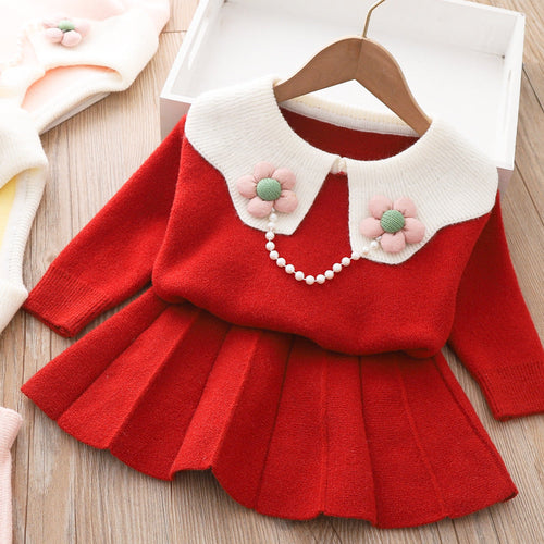 Girls Knitted Dress Necklace Neck Sweater Two-piece Set