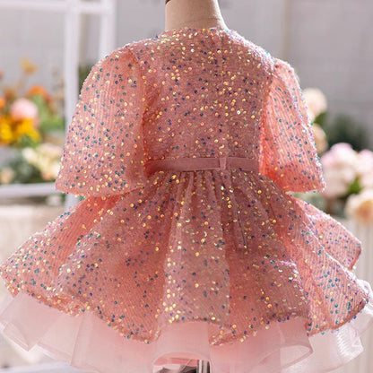 Elegant Baby Girls Pink Sequin Balloon Sleeve Puff Princess Dress Toddler First Communion Dress