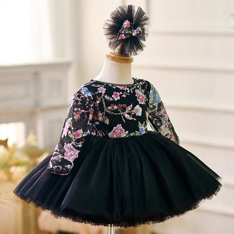 Flower Girl Dress Black Embroidered Christmas Dress Girls Birthday Ball Gown