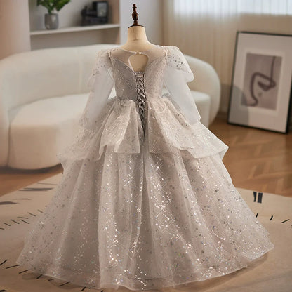 Elegant Baby Girls Jacquard Sequin Silver Long Sleeve Birthday Dress Toddler Pageant Dress