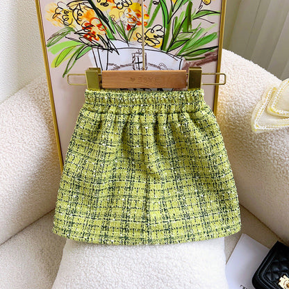 Sweet Baby Girl Collarless Green Plaid Top and Skirt Two-piece Set