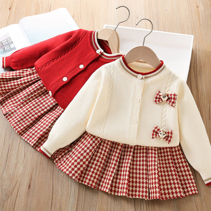 Girls Knitted Cardigan Plaid Skirt Sweater Two-piece Set