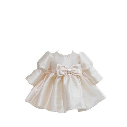 Elegant Baby Puff Long Sleeve Satin Bow First Birthday Dress Toddler Ball Gowns