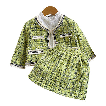 Sweet Baby Girl Collarless Green Plaid Top and Skirt Two-piece Set