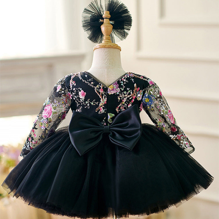 Flower Girl Dress Black Embroidered Christmas Dress Girls Birthday Ball Gown