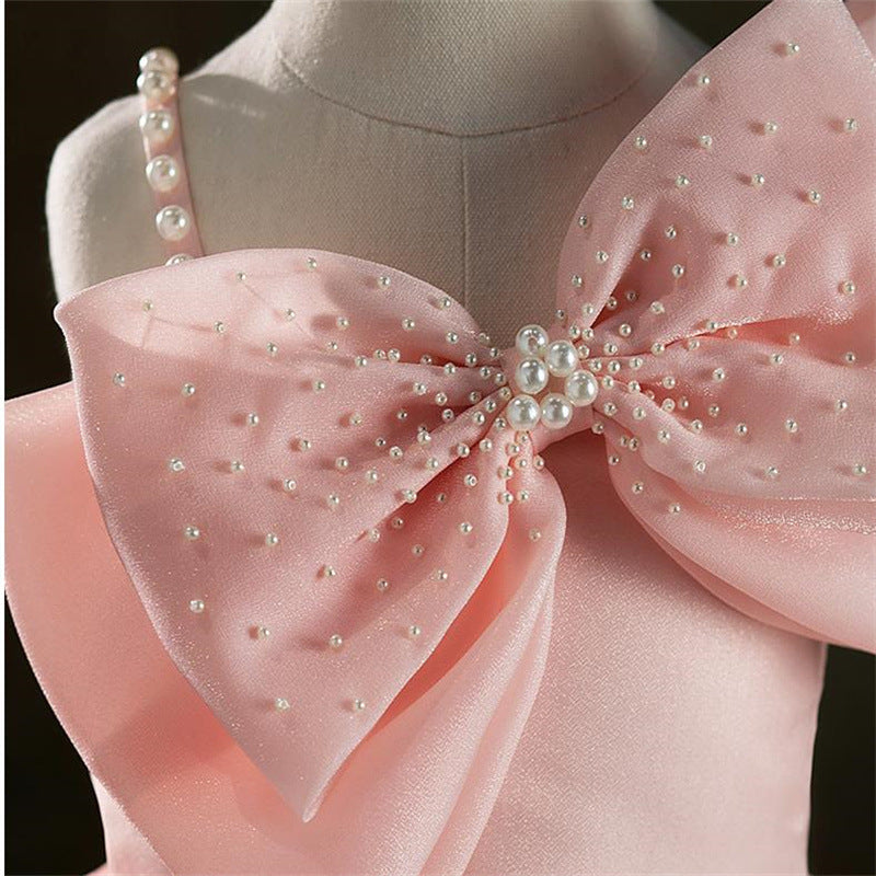 Elegant Baby Girls Pink Bow Pearl Strap Puffy Girls Christening Dress Toddler Beauty Pageant Dressess