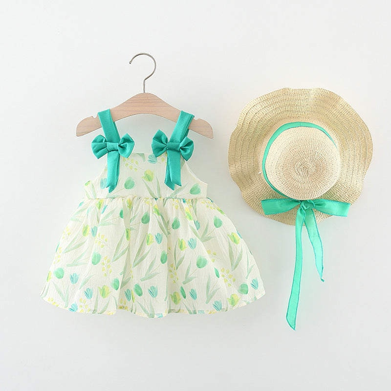 Flower Print Bow Double Layer Princess Dress