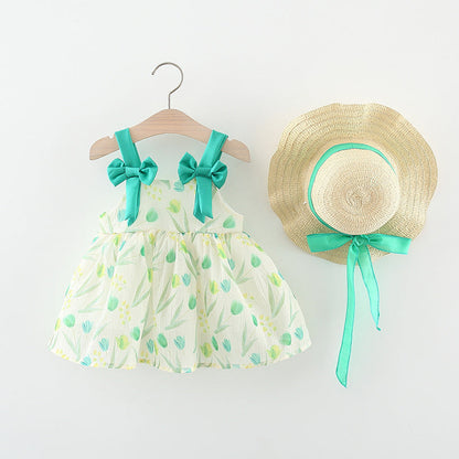 Flower Print Bow Double Layer Princess Dress