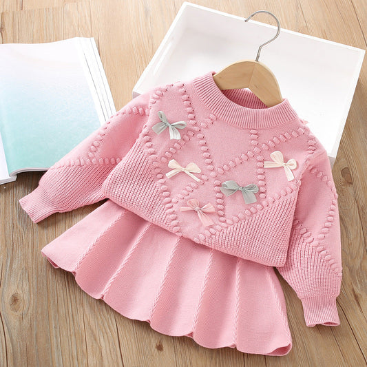 Floral Long-sleeved Knitted Pullover Two-piece Suit