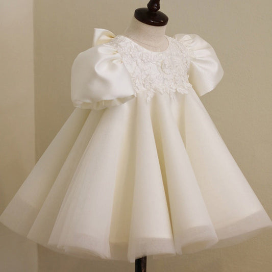 Elegant Baby Girls White Patterned Puff Sleeve Birthday Dress Toddler Prom Dress