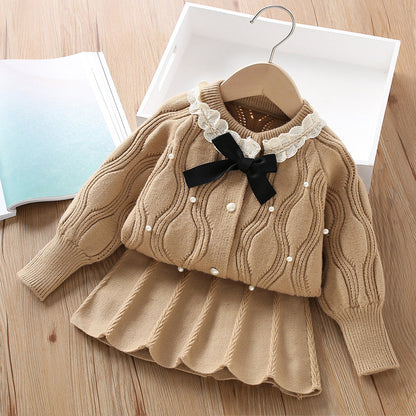 Solid Color Beaded Bow Knitted Cardigan Two-piece Set