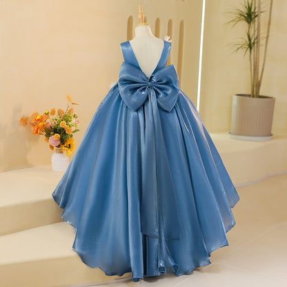 Elegant Baby Girls Blue Sleeveless Puff Princess Dress Toddler Birthday Trailing Party Dresses