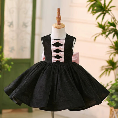 Elegant Baby Girls Black Sleeveless Bow Puff Birthday Dress Toddler Ball Gowns