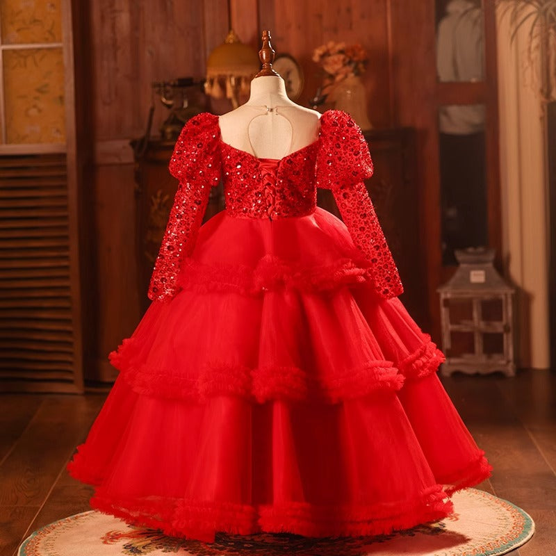 Elegant Baby Girls Red Long Puff Sleeve Mesh Dress Toddler Sequin Birthday Costume Princess Dress