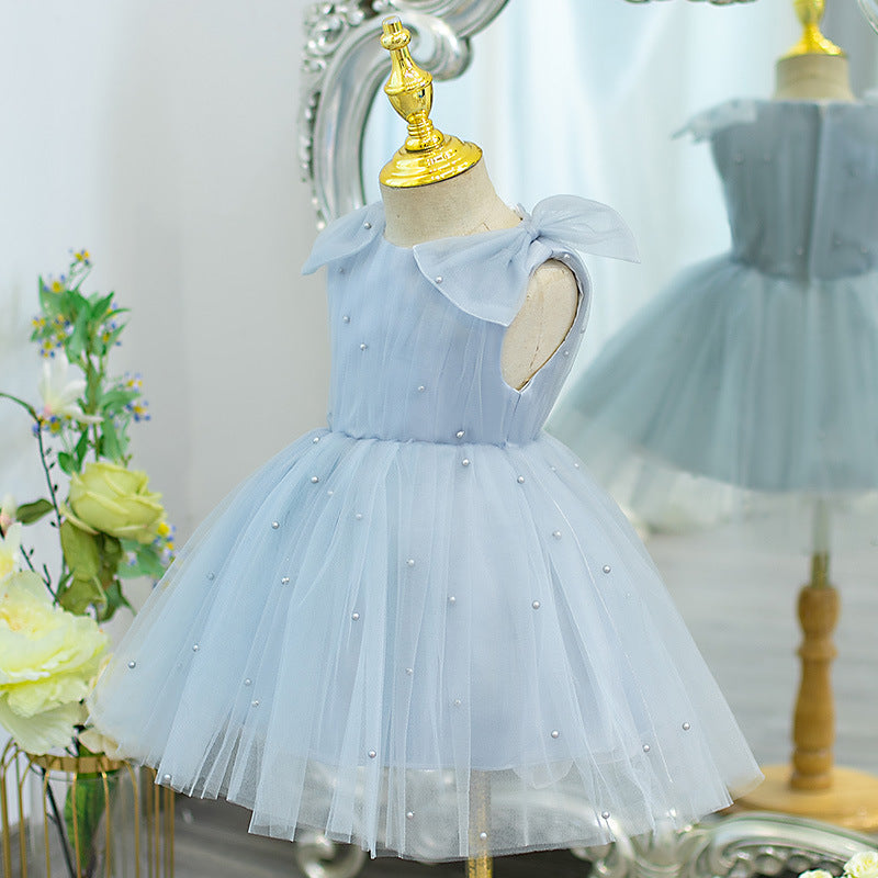 Elegant Baby Girls Blue Bow Flower Girl Dresses Toddler Ball Gowns