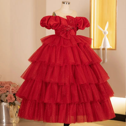 Elegant Baby Red One-shoulder Puffy Mesh Princess Dress Toddler Christening Dresses