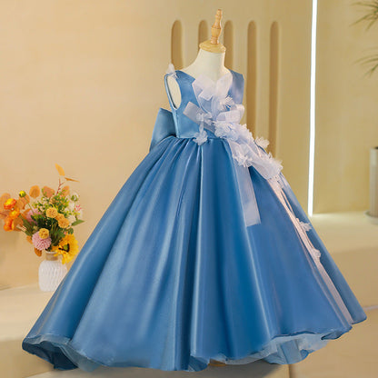 Elegant Baby Girls Blue Sleeveless Puff Princess Dress Toddler Birthday Trailing Party Dresses