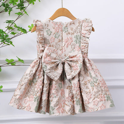 Elegant Baby Girls Butterfly Sleeves V-neck Floral Princess Dress for Young Children Birthday Dress