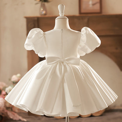 Sweet Baby Girls Pure White Bow Waist Princess Dress Toddler First Communion Dress