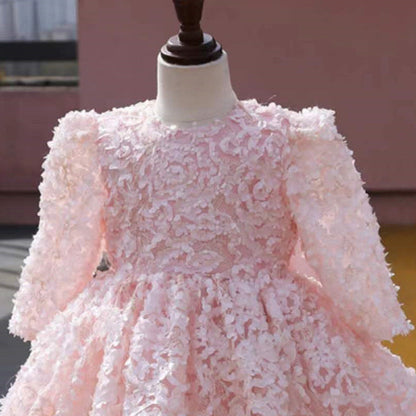 Elegant Baby Girls Pink Long Sleeve Floral Puff Princess Dress Toddler Formal Dresses