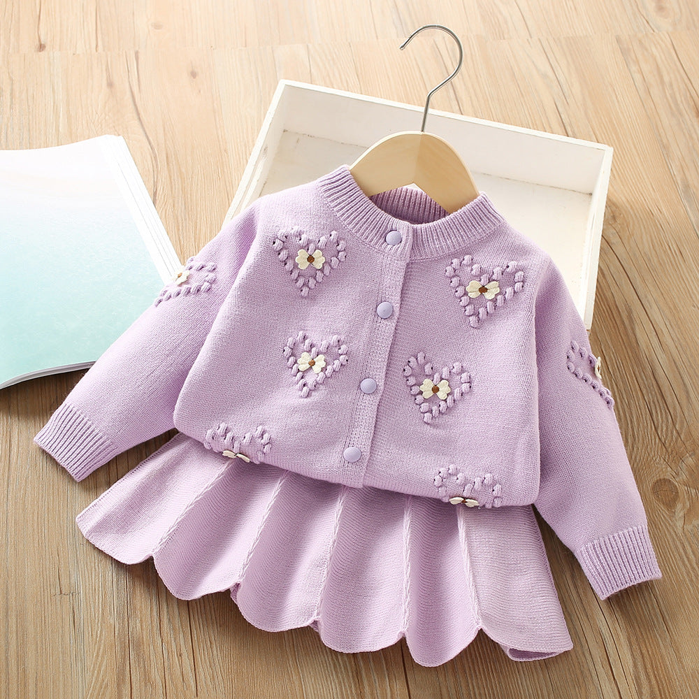 Girls Solid Color Sweater Knitted Princess Two Piece Set