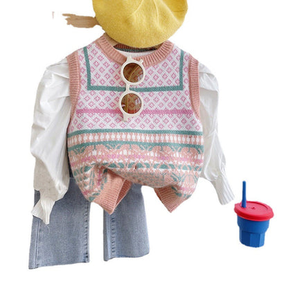 Sweet Girls Knitted Waistcoat Sweater Jeans Suit