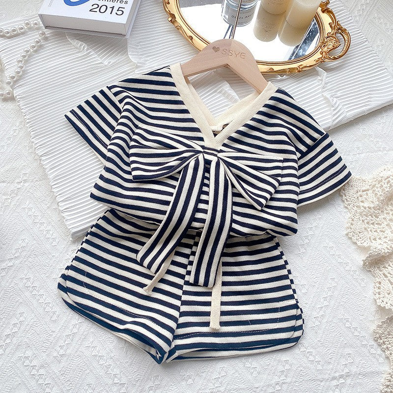 Summer Striped Suit Girls Bow T-shirt Two-piece Suit