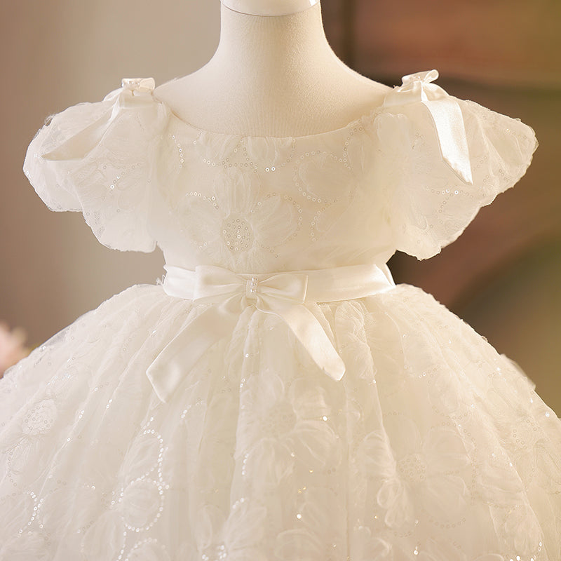 Toddler Prom Dress Girl White Sequins Puffy Pageant Princess Dress