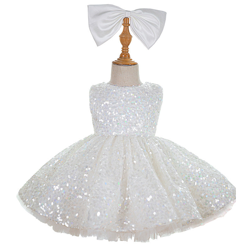 Elegant Baby White Sequined Puff Princess Dress Toddler Christening Dress